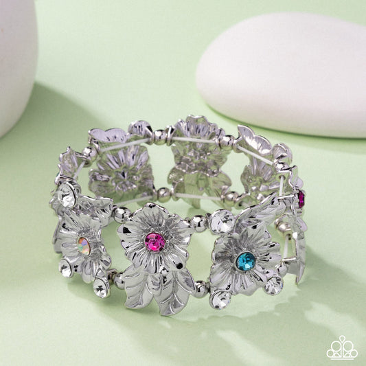 Head-Turning Harmony - Multi Iridescent Rhinestone Silver Flower Stretchy Bracelet - June 2025 Life of the Party Exclusive - Paparazzi Accessories