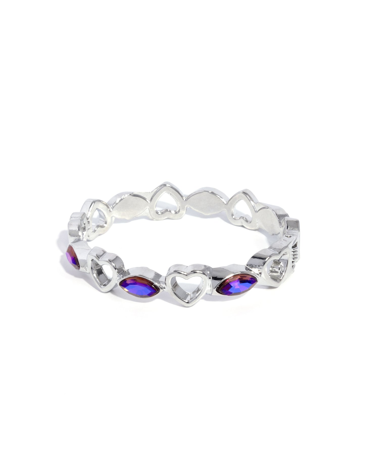 Heartfelt Headline - Purple Iridescent Marquise Rhinestone Silver Hearts Hinge Bracelet - Paparazzi Accessories