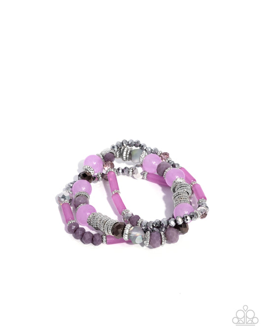 Colorful Conversation - Purple Beaded Silver Stretchy Bracelets - Paparazzi Accessories