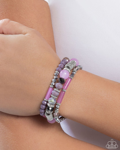 Colorful Conversation - Purple Beaded Silver Stretchy Bracelets - Paparazzi Accessories