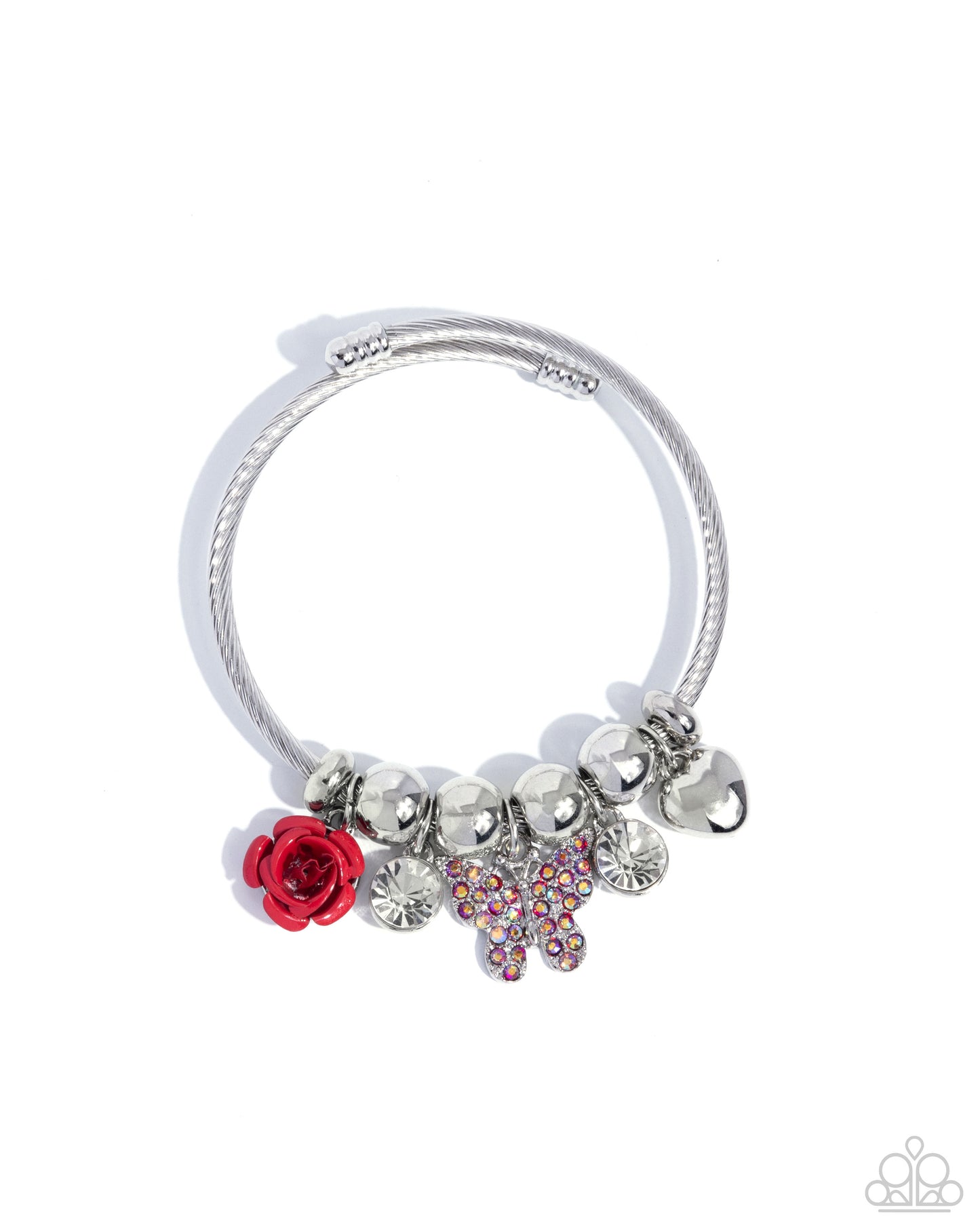 Windblown Whimsy - Red Rose, Rhinestone Butterfly Charm Silver Coil Bracelet - Paparazzi Accessories