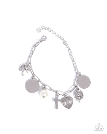 Charm Commitment - White Pearl Silver Cross Charm Clasp Bracelet - Paparazzi Accessories