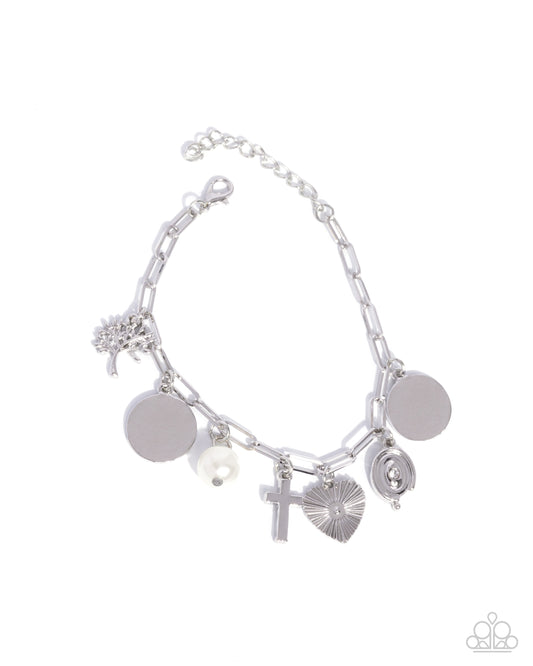 Charm Commitment - White Pearl Silver Cross Charm Clasp Bracelet - Paparazzi Accessories
