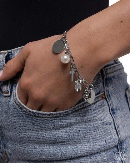Charm Commitment - White Pearl Silver Cross Charm Clasp Bracelet - Paparazzi Accessories