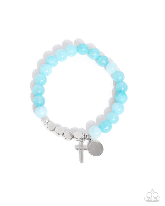 Devout Debut - Blue Beaded Silver Cross Charm Stretchy Bracelet - Paparazzi Accessories