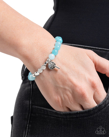 Devout Debut - Blue Beaded Silver Cross Charm Stretchy Bracelet - Paparazzi Accessories