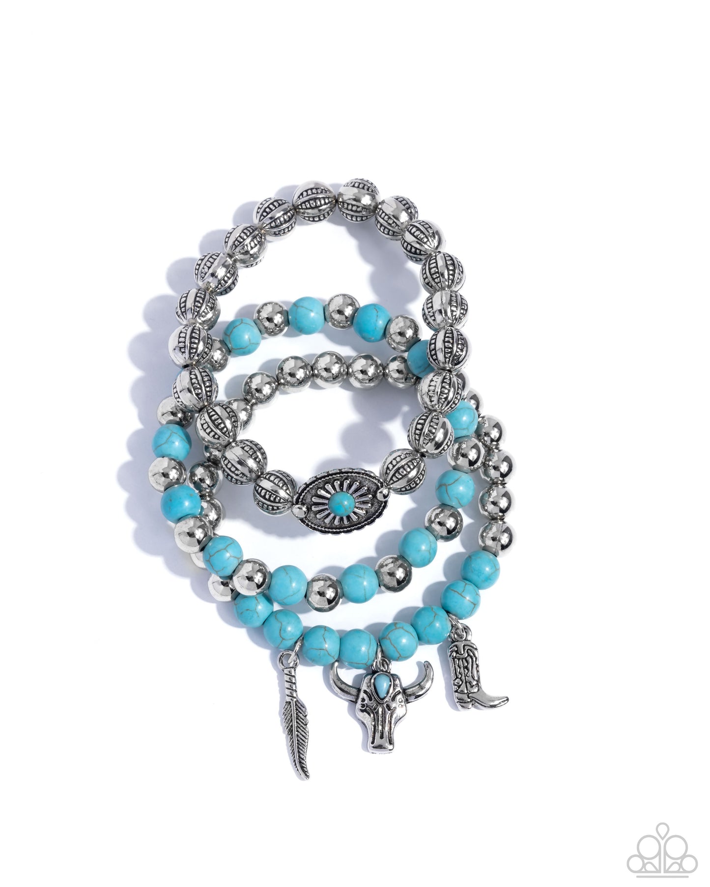Western Wardrobe - Blue Turquoise, Silver Charm Bracelet Stack - Paparazzi Accessories