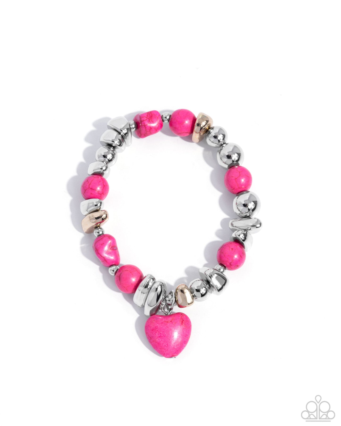 Adorably Asymmetrical - Pink Stone Heart Silver Stretchy Bracelet - Paparazzi Accessories