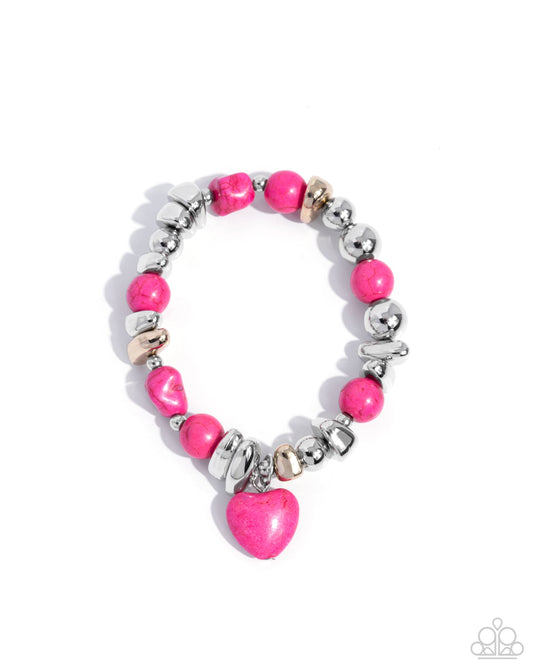 Adorably Asymmetrical - Pink Stone Heart Silver Stretchy Bracelet - Paparazzi Accessories