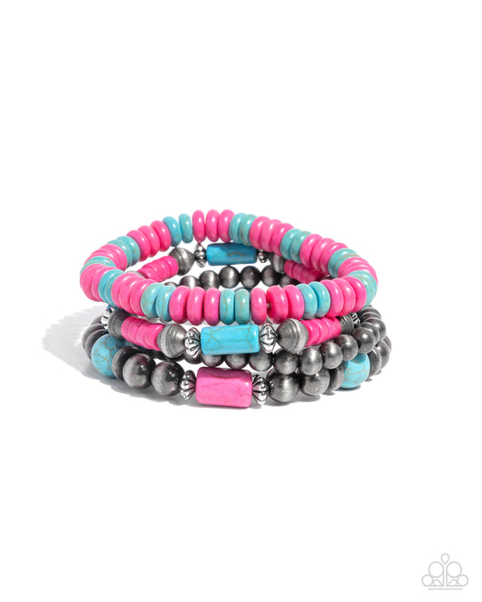 Adorably Abundant - Pink & Blue Crackle Stone, Navajo Pearl Stretchy Bracelets - Paparazzi Accessories