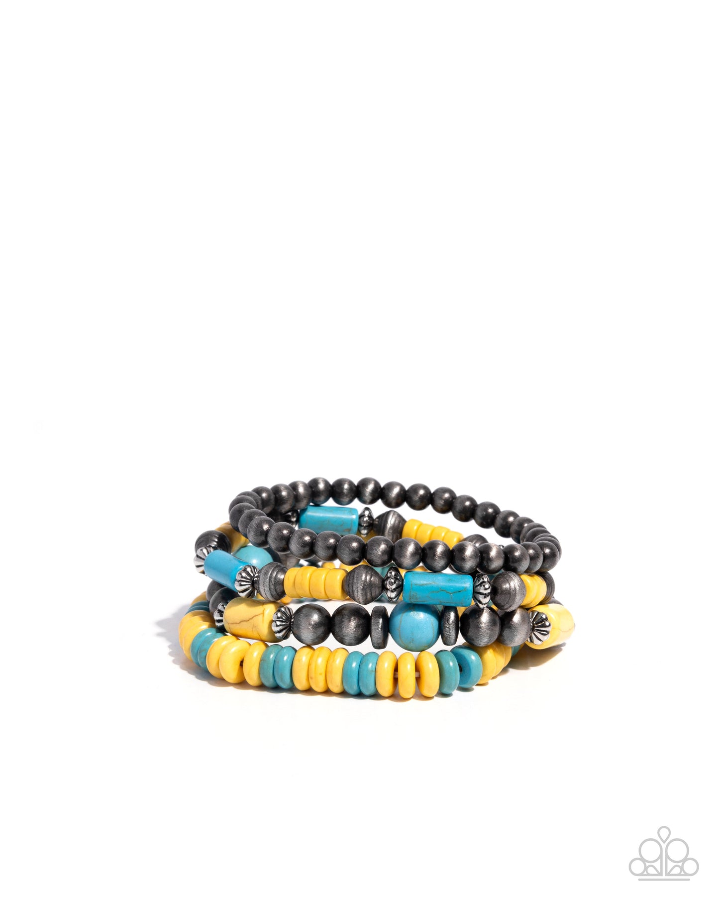 Adorably Abundant - Yellow & Blue Turquoise Crackle Stone Navajo Pearl Stretchy Bracelets - Paparazzi Accessories
