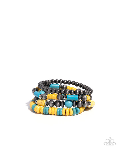 Adorably Abundant - Yellow & Blue Turquoise Crackle Stone Navajo Pearl Stretchy Bracelets - Paparazzi Accessories