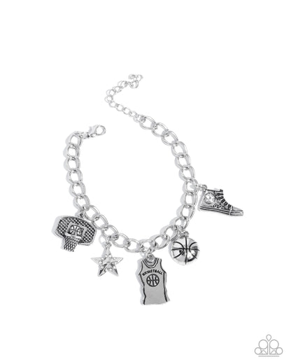 Jersey Journey - White Rhinestone -Silver Charm Bracelet - Paparazzi Accessories