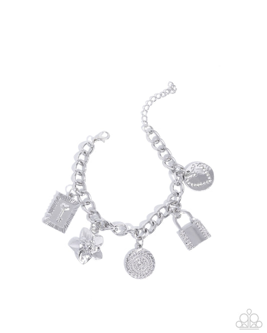 Monochromatic Mayhem - White Rhinestone Heart, Padlock, Key Charm Silver Clasp Bracelet - Paparazzi Accessories