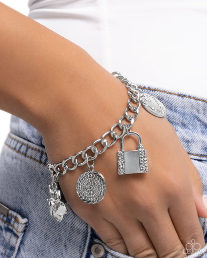Monochromatic Mayhem - White Rhinestone Heart, Padlock, Key Charm Silver Clasp Bracelet - Paparazzi Accessories