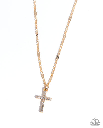 Endless Faith - Gold & White Rhinestone Cross Pendant Necklace - Paparazzi Accessories