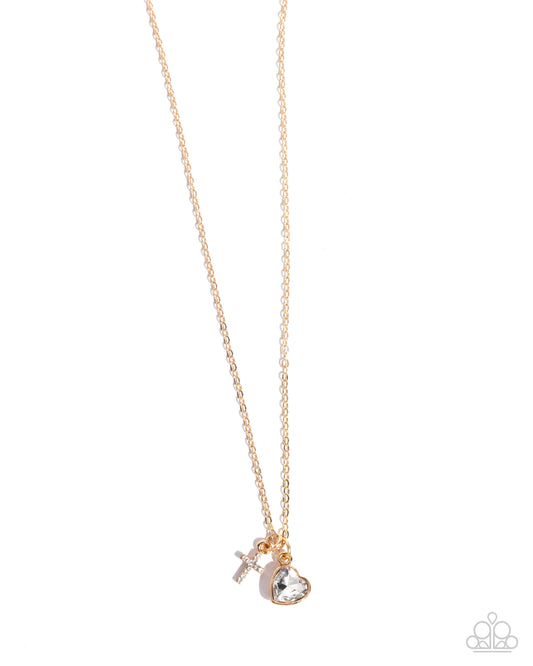 Blessed Brilliance - Gold Cross & White Rhinestone Heart Necklace - Paparazzi Accessories