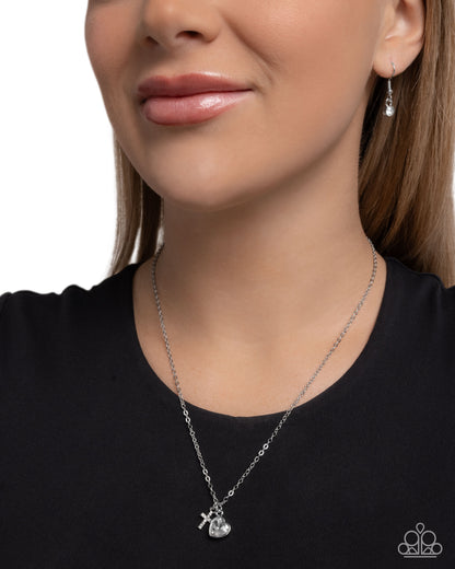 Blessed Brilliance - White Cross & White Rhinestone Heart Necklace - Paparazzi Accessories