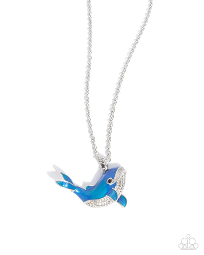 Whale Watching - Blue Enamel, White Rhinestone Whale Pendant Necklace - Paparazzi Accessories