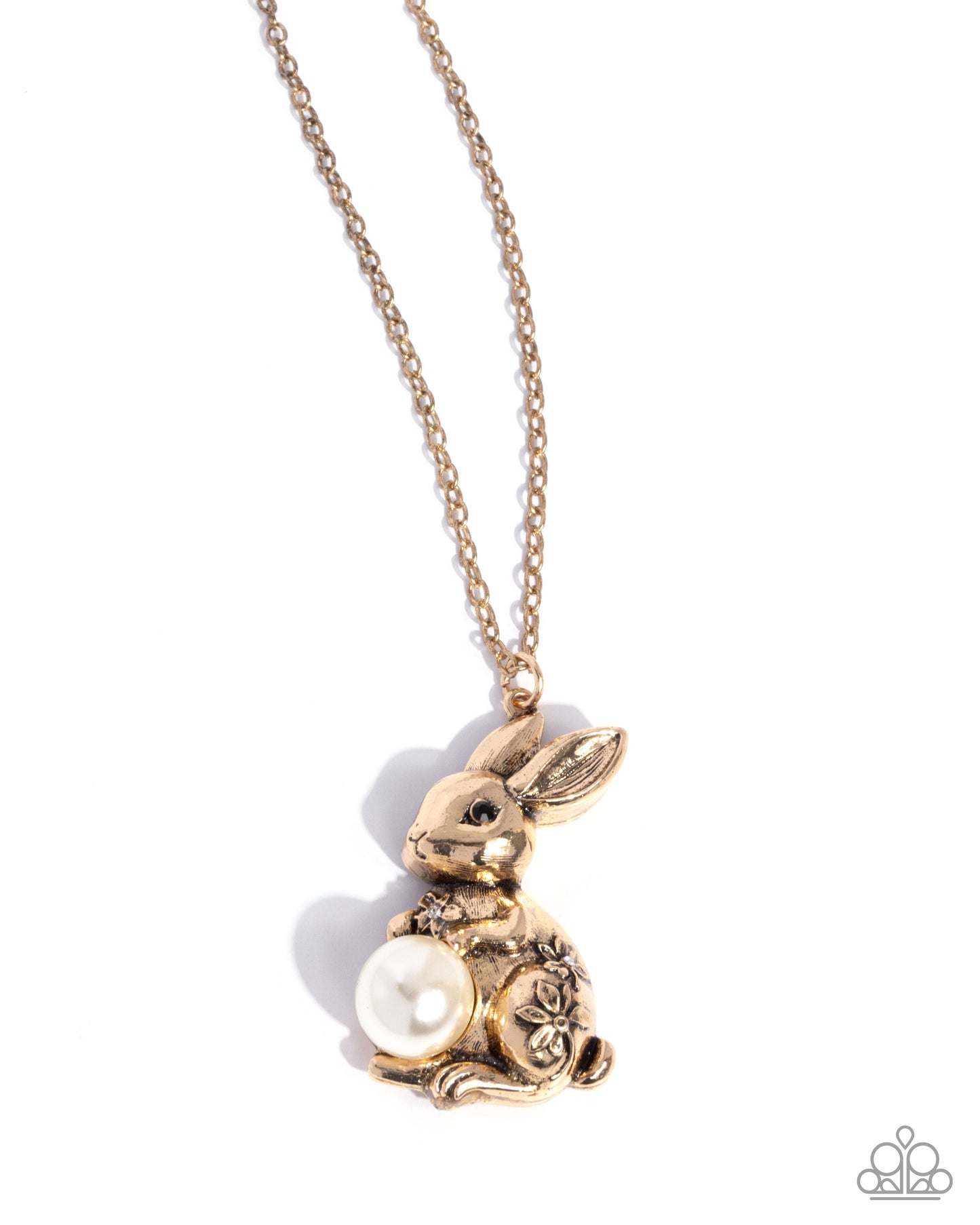 Easter Bunny - Gold Rabbit White Pearl Egg Pendant Necklace - Paparazzi Accessories