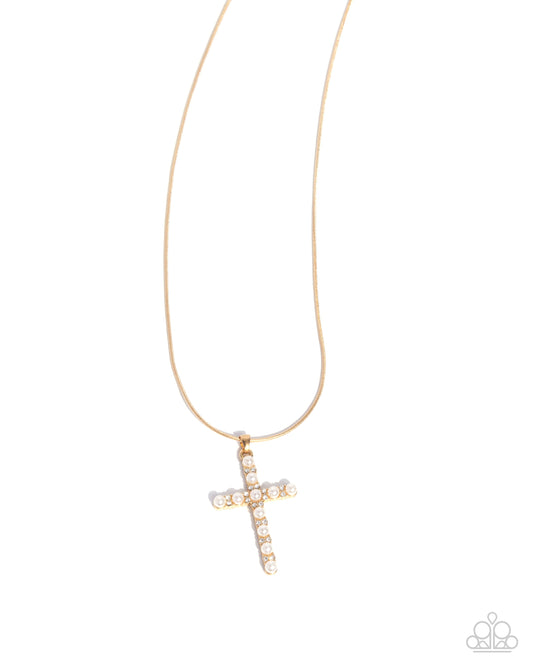 Holy Harmony - Gold and Pearl Cross Necklace - Paparazzi Accessories