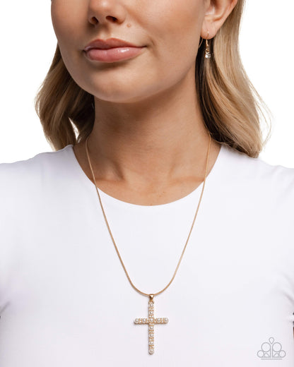 Holy Harmony - Gold and Pearl Cross Necklace - Paparazzi Accessories