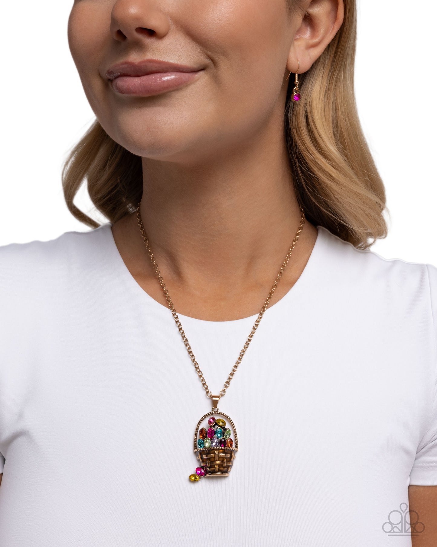 Easter Basket Brilliance - Multi Rhinestone Gold Pendant Necklace - Paparazzi Accessories