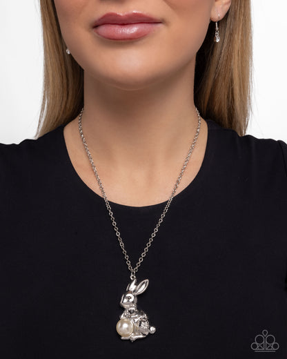 Easter Bunny - White Pearl Egg Silver Rabbit Pendant Necklace - Paparazzi Accessories