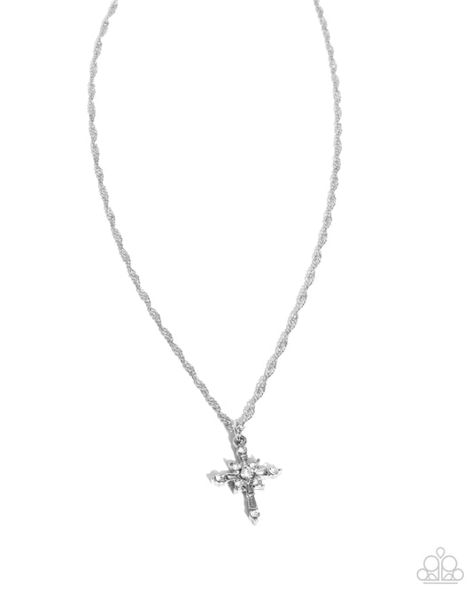 Graceful Glory - White Rhinestone, Silver Cross Necklace - Paparazzi Accessories