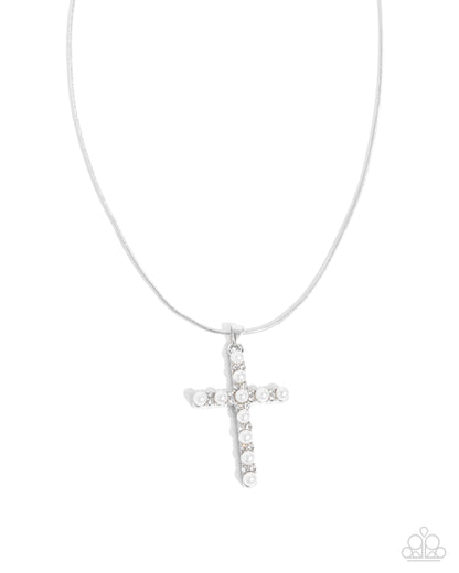 Holy Harmony - White Pearl Silver Cross Pendant Necklace - Paparazzi Accessories