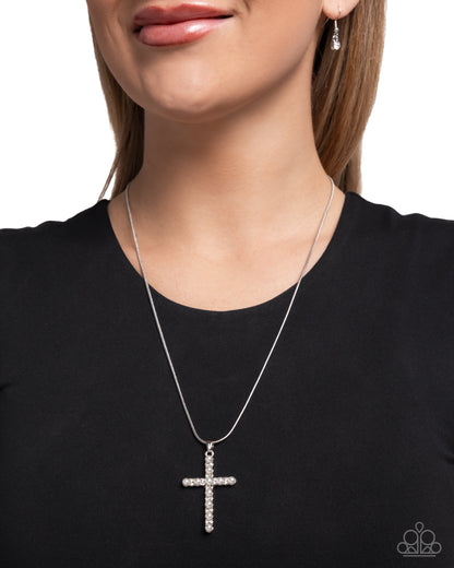 Holy Harmony - White Pearl Silver Cross Pendant Necklace - Paparazzi Accessories