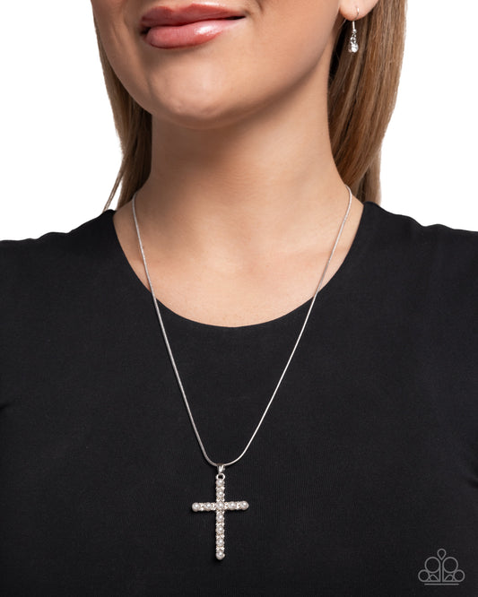 Holy Harmony - White Pearl Silver Cross Pendant Necklace - Paparazzi Accessories