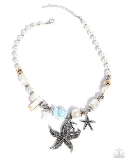 Coastal Cameo - Blue Beads White Pearls Silver Starfish Necklace - Paparazzi Accessories