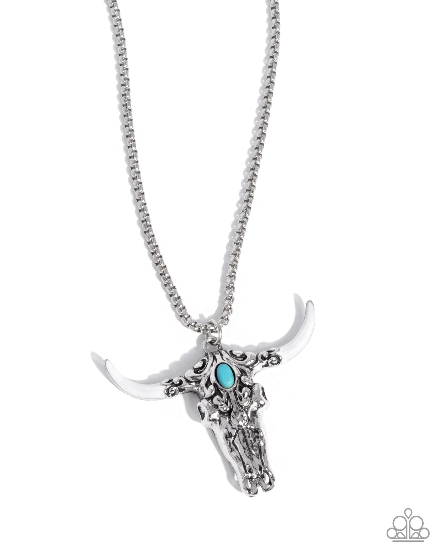 Longhorn Legacy - White Enamel Turquoise Stone Silver Pendant Necklace - Paparazzi Accessories