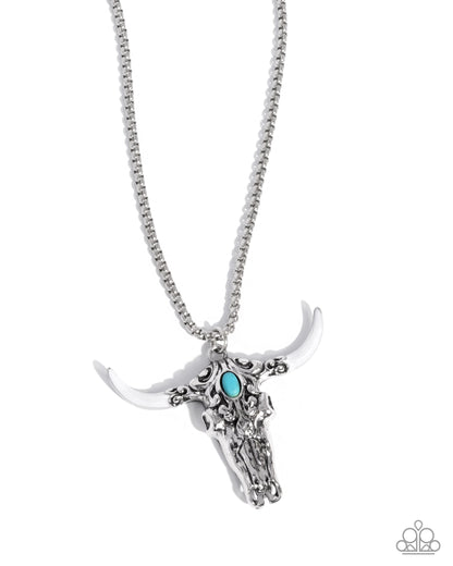 Longhorn Legacy - White Enamel Turquoise Stone Silver Pendant Necklace - Paparazzi Accessories