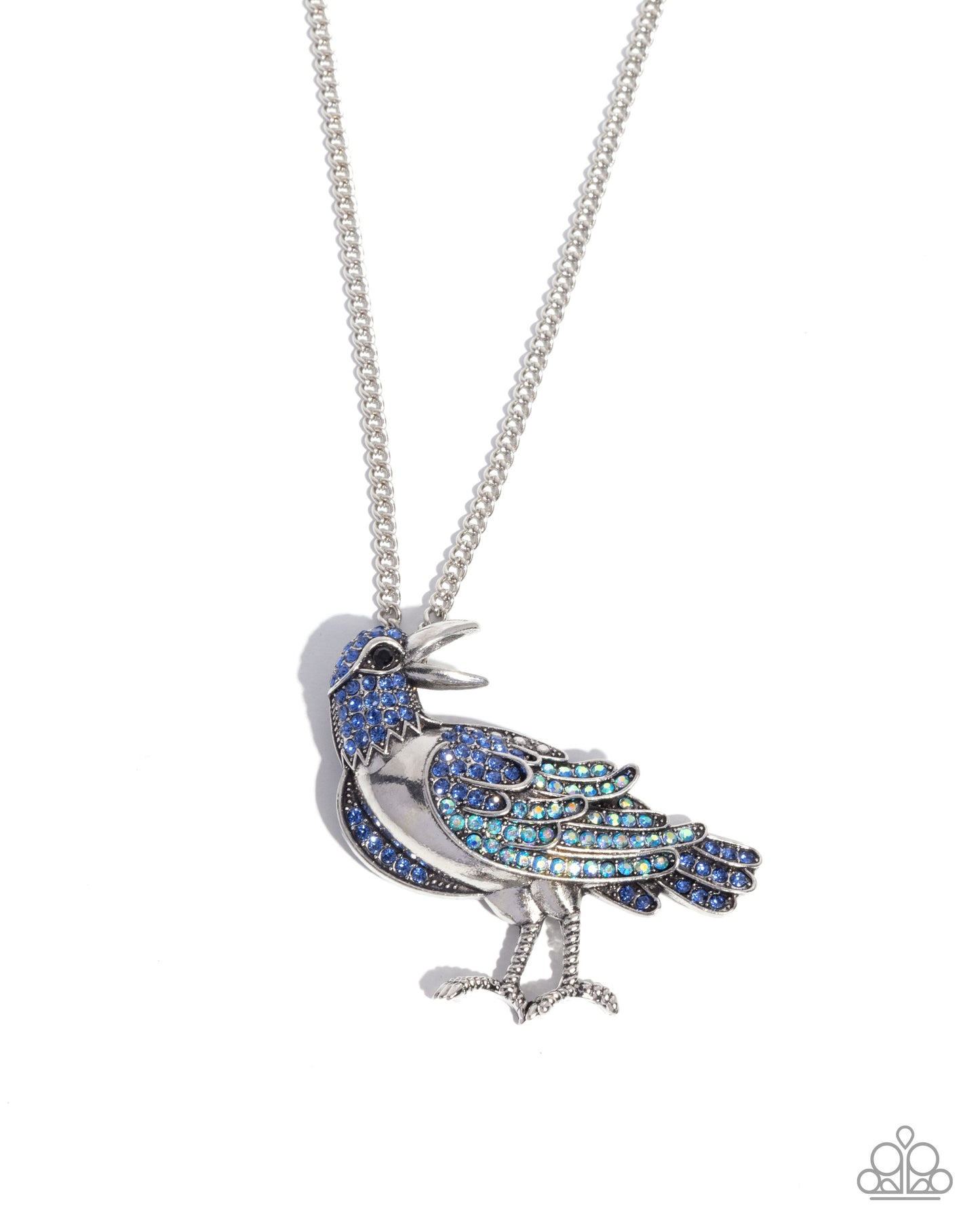 Radiant Raven - Blue Iridescent Rhinestone Silver Bird Pendant Necklace - Paparazzi Accessories