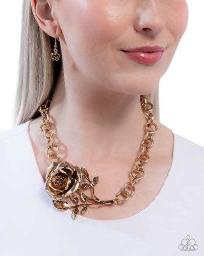 Whimsical Appearance - Gold Three Dimensional Rose Necklace - Paparazzi Accessories