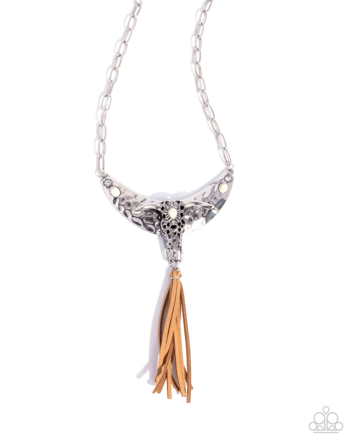 Limitless Longhorn - White Stone Brown Suede Silver Necklace - Paparazzi Accessories