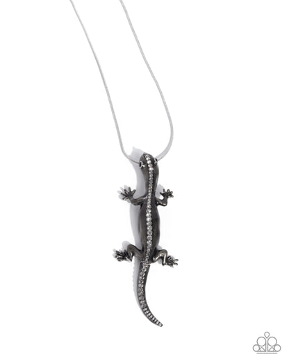 Salamander Statement - Black Enamel Lizard Pendant Silver Necklace - Paparazzi Accessories