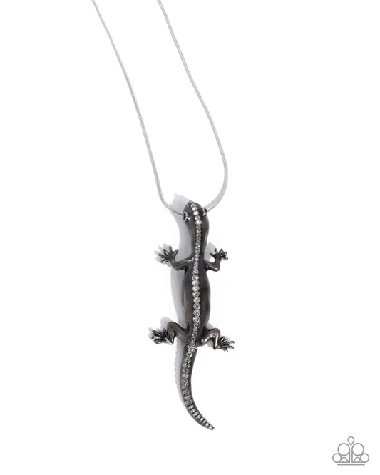 Salamander Statement - Black Enamel Lizard Pendant Silver Necklace - Paparazzi Accessories