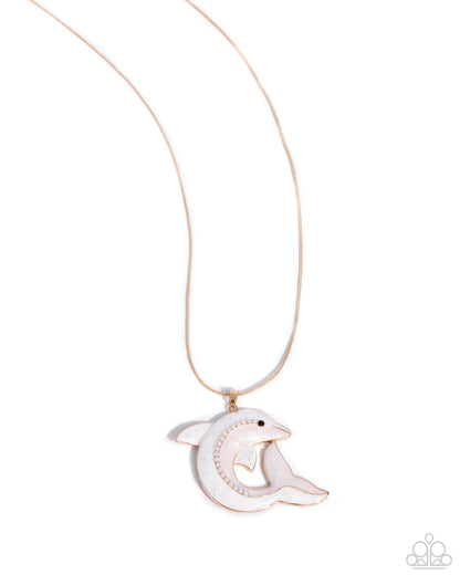Dolphin Dive - Gold & White Pearlescent Enamel Pendant Necklace - Paparazzi Accessories