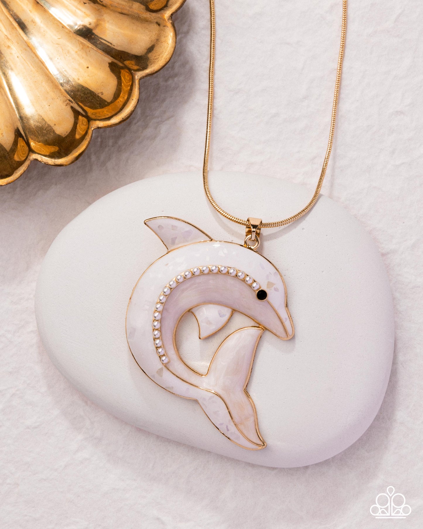 Dolphin Dive - Gold & White Pearlescent Enamel Pendant Necklace - Paparazzi Accessories