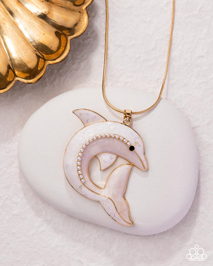 Dolphin Dive - Gold & White Pearlescent Enamel Pendant Necklace - Paparazzi Accessories