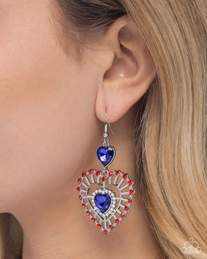 Patriotic Pattern - Multi - Blue Heart Gem Red Rhinestone Silver Fishhook Earrings - Paparazzi Accessories