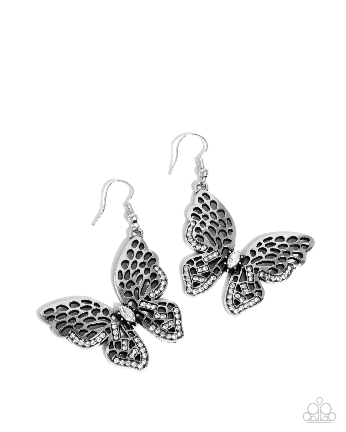 Fresh Flutter - White Rhinestone Silver Butterfly Fishhook Earrings - Paparazzi Accessories