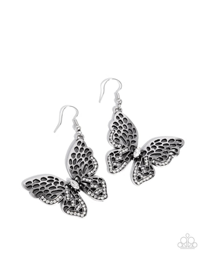 Fresh Flutter - White Rhinestone Silver Butterfly Fishhook Earrings - Paparazzi Accessories