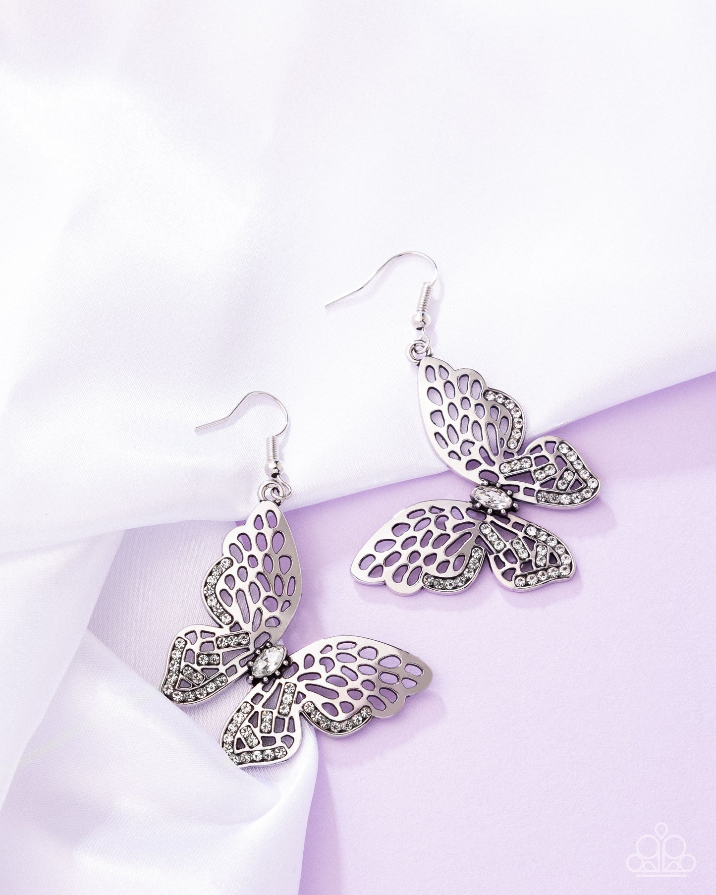 Fresh Flutter - White Rhinestone Silver Butterfly Fishhook Earrings - Paparazzi Accessories