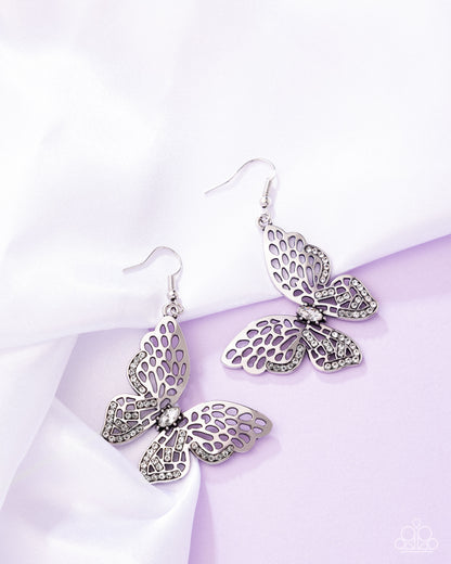 Fresh Flutter - White Rhinestone Silver Butterfly Fishhook Earrings - Paparazzi Accessories