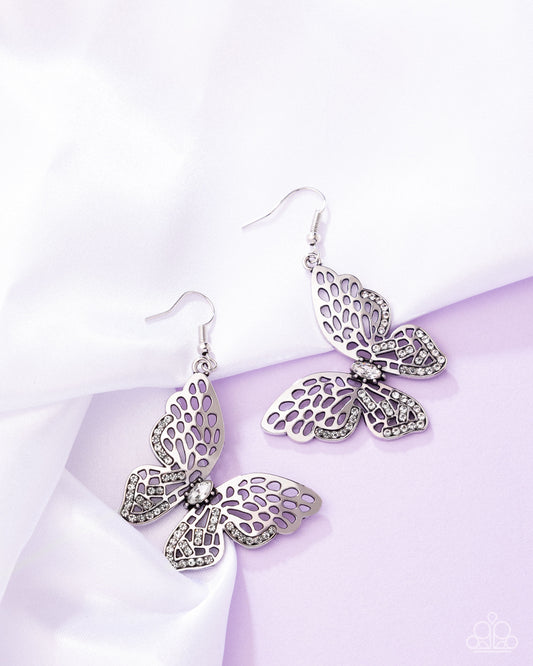 Fresh Flutter - White Rhinestone Silver Butterfly Fishhook Earrings - Paparazzi Accessories