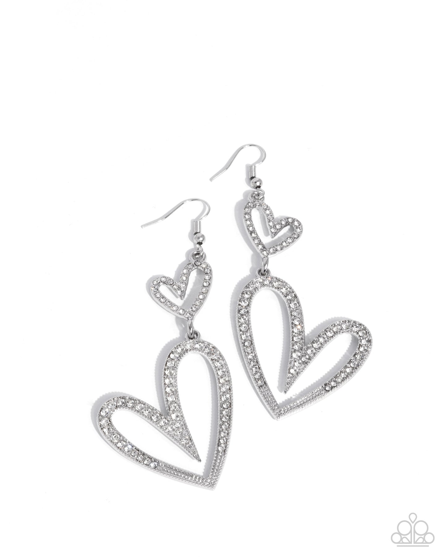 Power Couple - White Rhinestone Hearts Silver Fishhook Earrings - Paparazzi Accessories